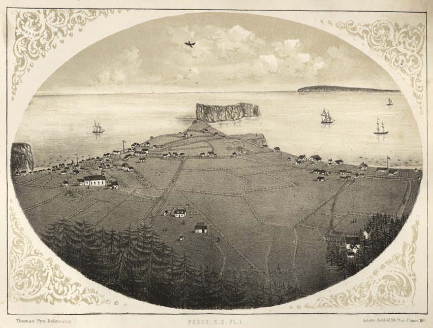 Poste de pêche de Percé en 1866. Gravure de Thomas Pye. Canadian scenery Gaspé. Musée de la Gaspésie. 99.28.395.
