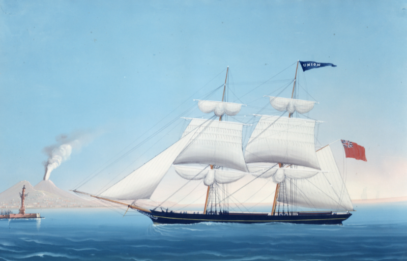 Le navire Union de la compagnie Robin dans le port de Naples. Collection Site historique national de Paspébiac.